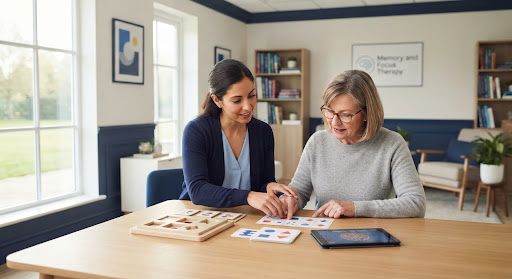 Clinician guiding a patient through a cognitive task in a brightly lit modern therapy room